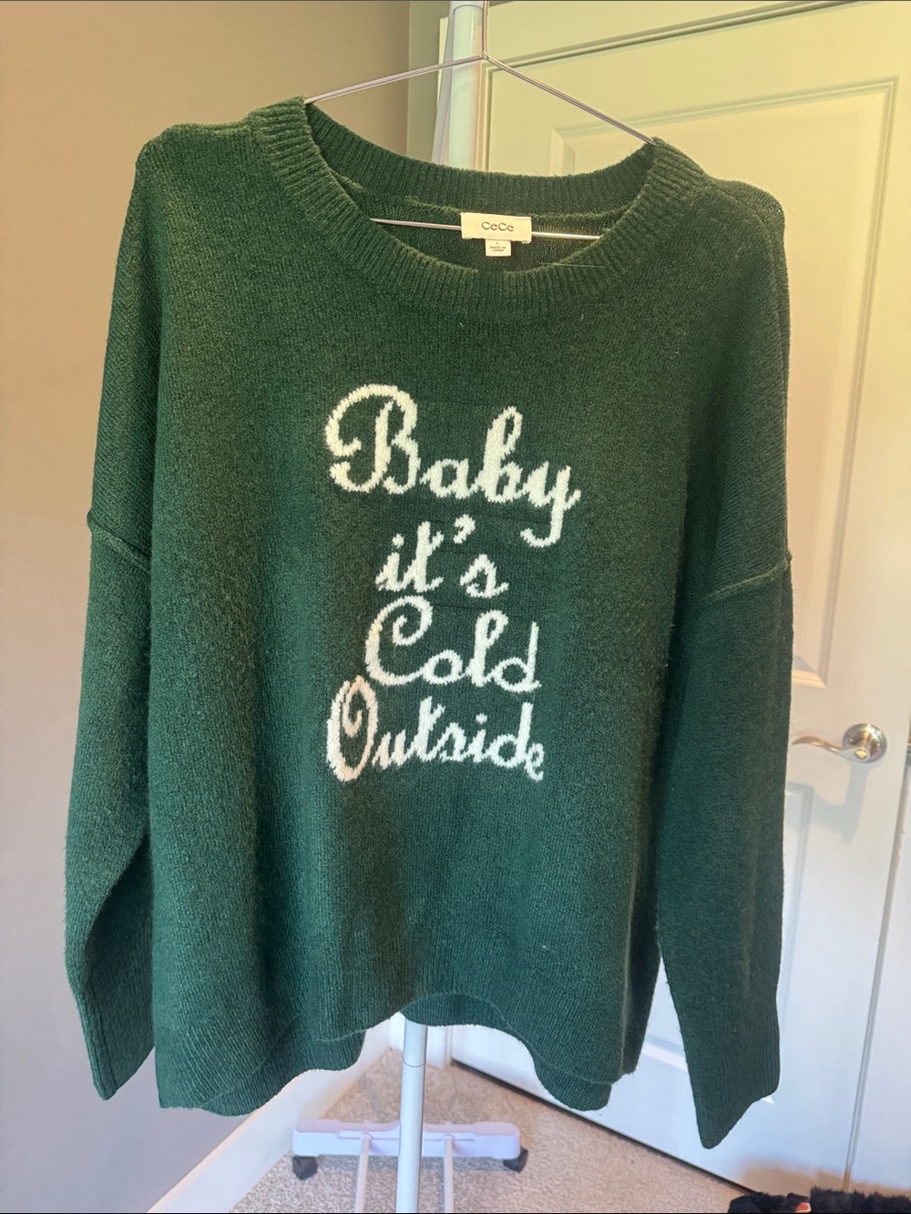 CeCe Dark Green Crewneck Sweater with White Script